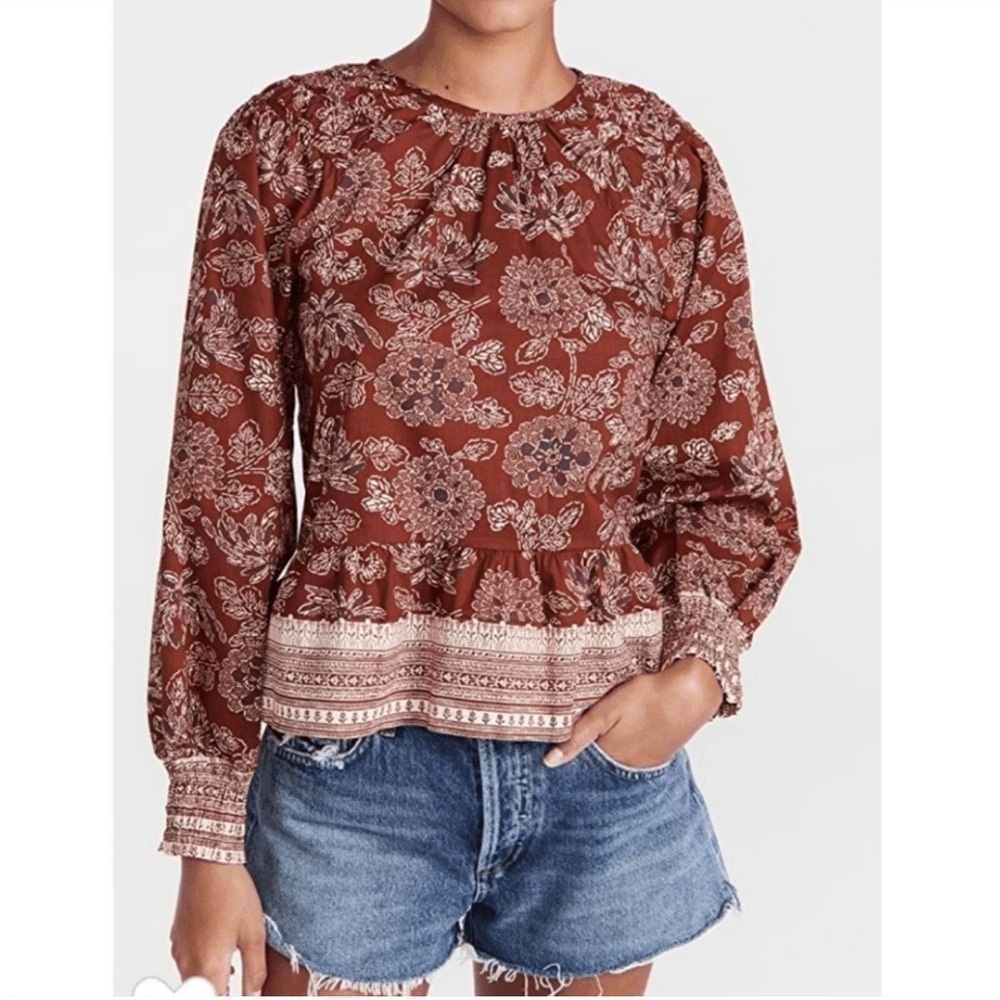 Veronica Beard Kester Floral Peplum Blouse in Rust Red Sz 2